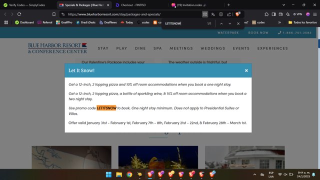 Blue Harbor Resort checkout page showing Blue Harbor Resort promo code box | Screenshot taken by SimplyCodes community member on Jan 24, 2025