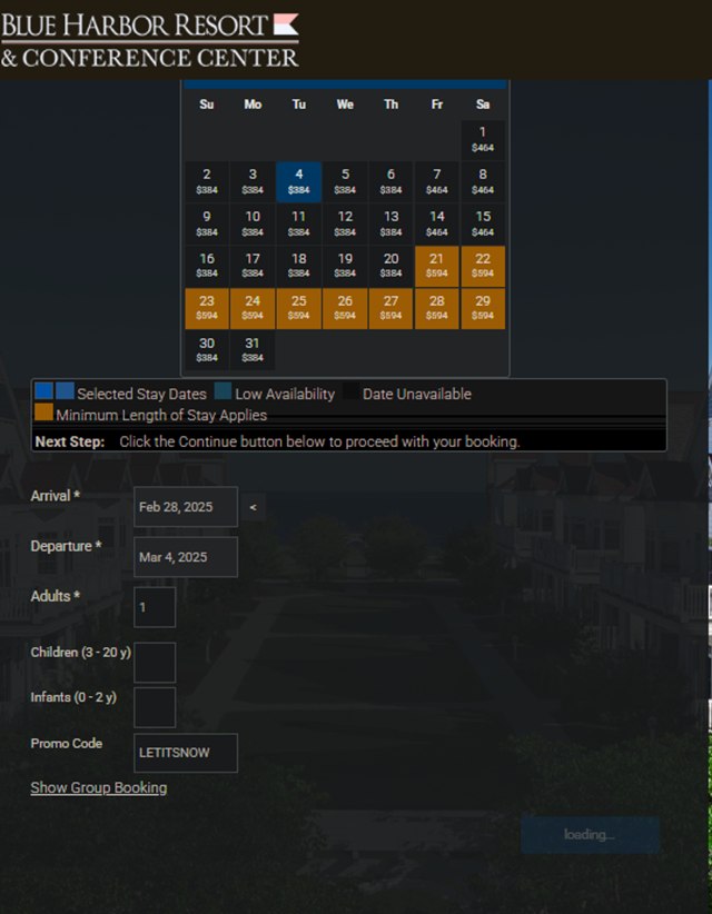 Blue Harbor Resort checkout page showing Blue Harbor Resort promo code box | Screenshot taken by SimplyCodes community member on Feb 27, 2025