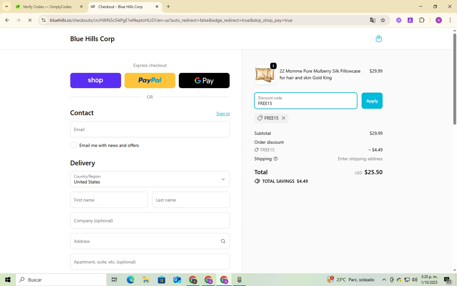 Blue Hills promo code screenshot showing code FREE15 applied at Blue Hills checkout page. Uploaded by SimplyCodes community member BukayoSaka on Oct 1, 2025