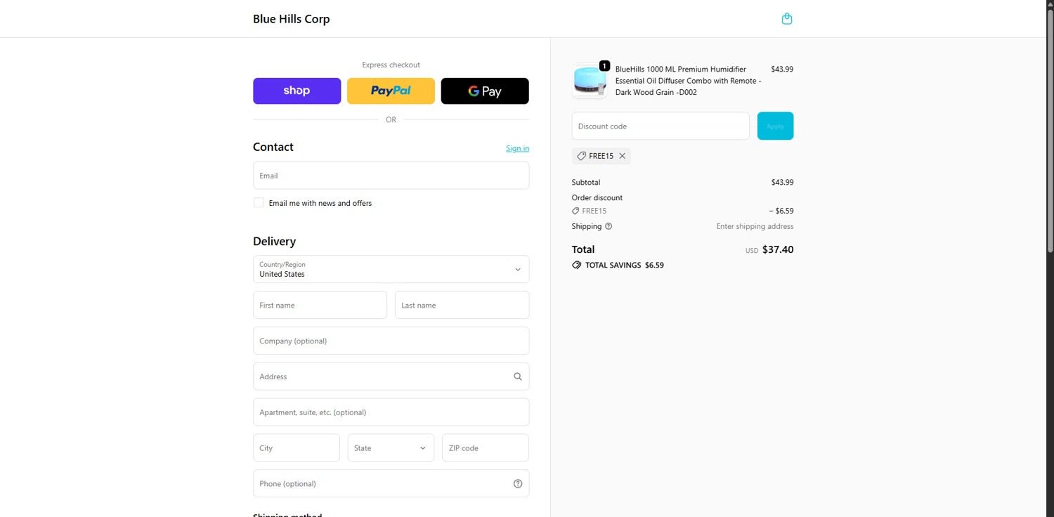 Blue Hills promo code screenshot showing code FREE15 applied at Blue Hills checkout page. Uploaded by SimplyCodes community member Carlosramirez09 on Dec 13, 2025