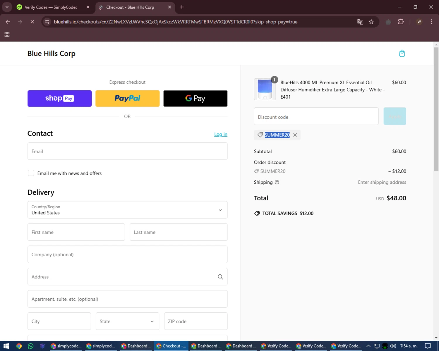 Blue Hills promo code screenshot showing code SUMMER20 applied at Blue Hills checkout page. Uploaded by SimplyCodes community member DealMaestro2101 on Dec 27, 2024