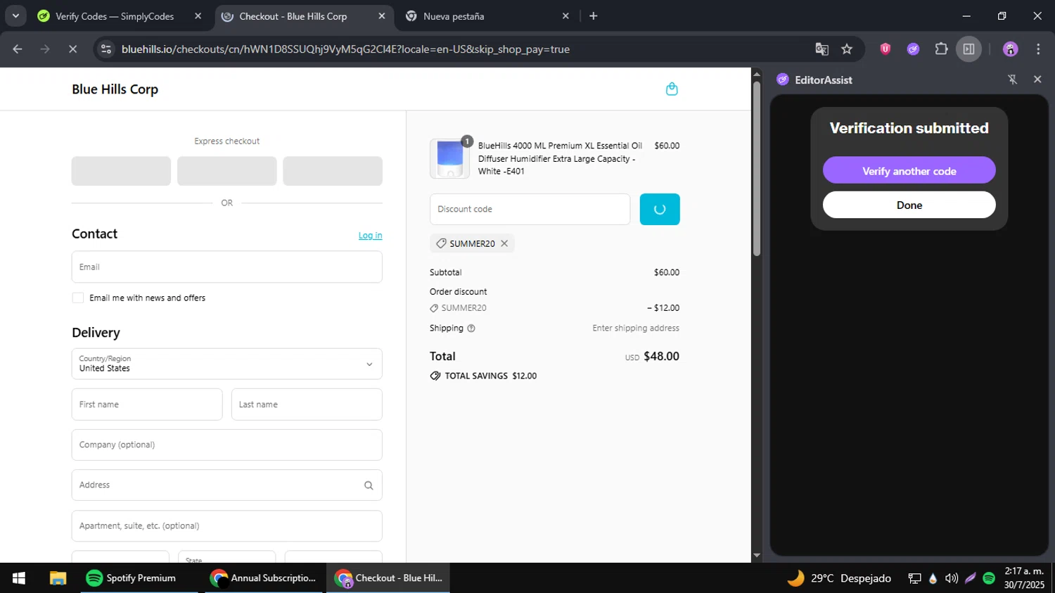 Blue Hills promo code screenshot showing code SUMMER20 applied at Blue Hills checkout page. Uploaded by SimplyCodes community member jesusguqnipatwo on Jul 30, 2025
