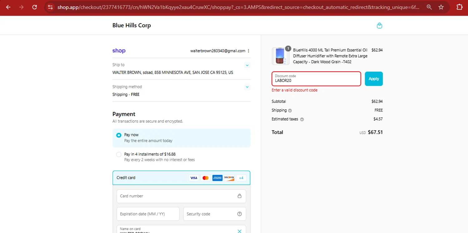 Blue Hills promo code screenshot showing code LABOR20 applied at Blue Hills checkout page. Uploaded by SimplyCodes community member kimberlinmartinez on Sep 2, 2025