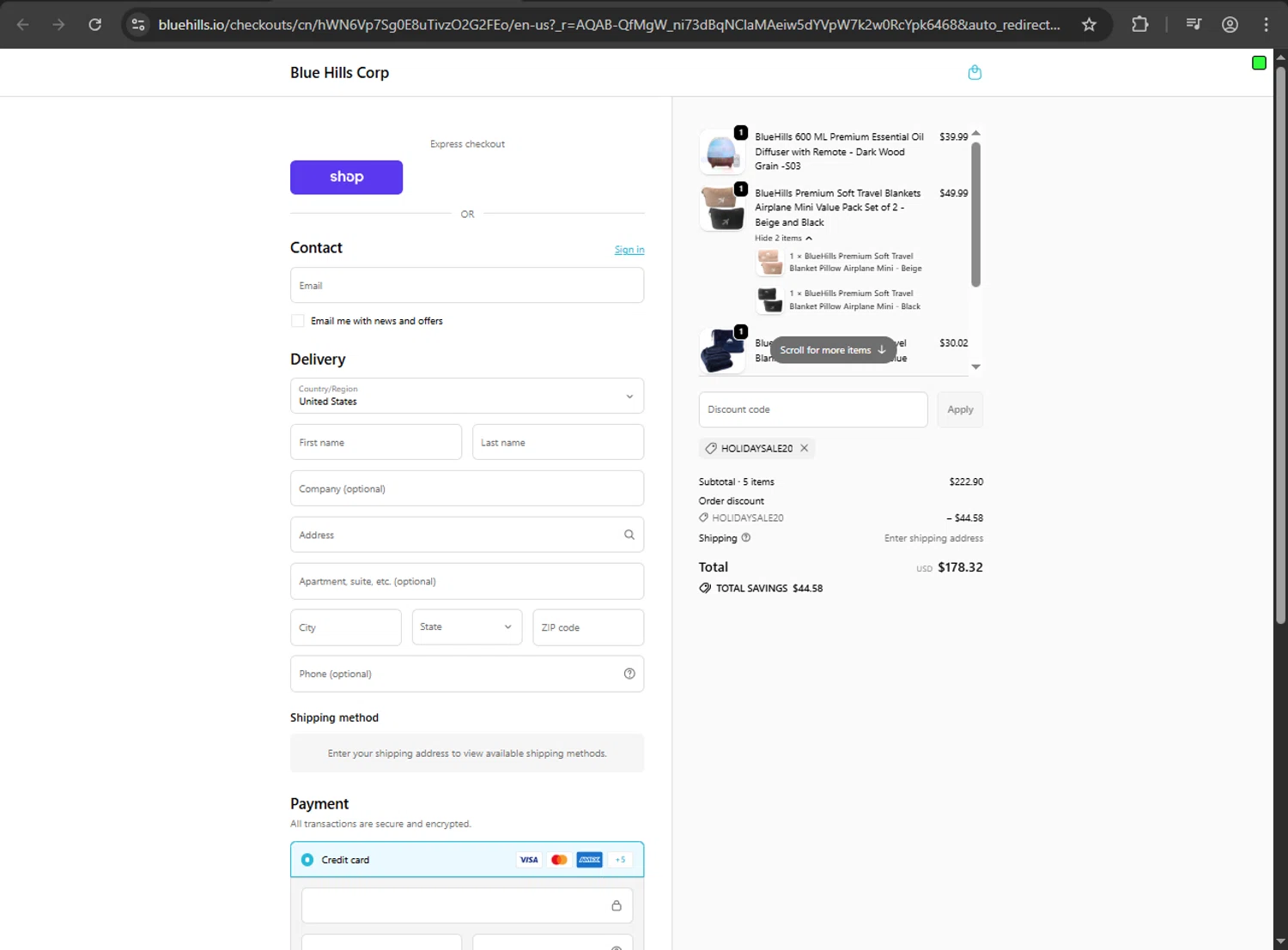 Blue Hills promo code screenshot showing code HOLIDAYSALE20 applied at Blue Hills checkout page. Uploaded by SimplyCodes community member Aljondris97 on Dec 16, 2025
