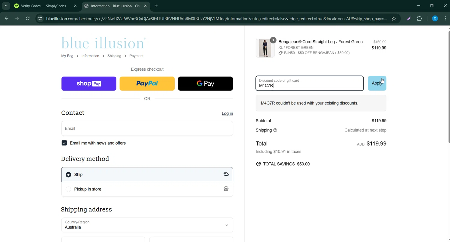 Blue Illusion discount code screenshot showing code M4C7R applied at Blue Illusion checkout page. Uploaded by SimplyCodes community member _____________ on Mar 26, 2025