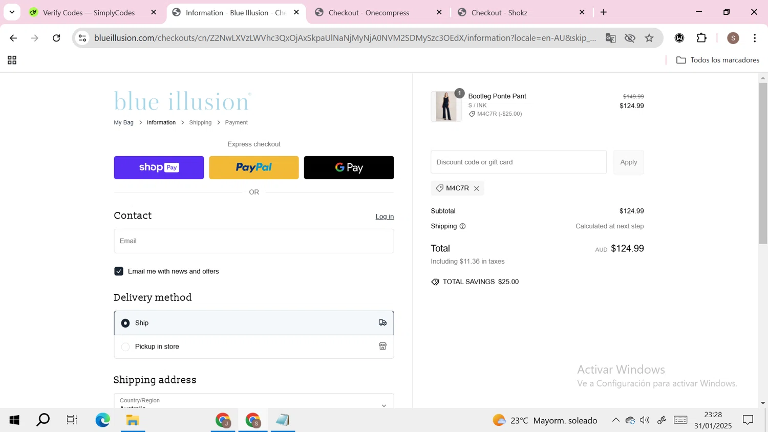 Blue Illusion discount code screenshot showing code M4C7R applied at Blue Illusion checkout page. Uploaded by SimplyCodes community member RoyalHero6815 on Feb 1, 2025