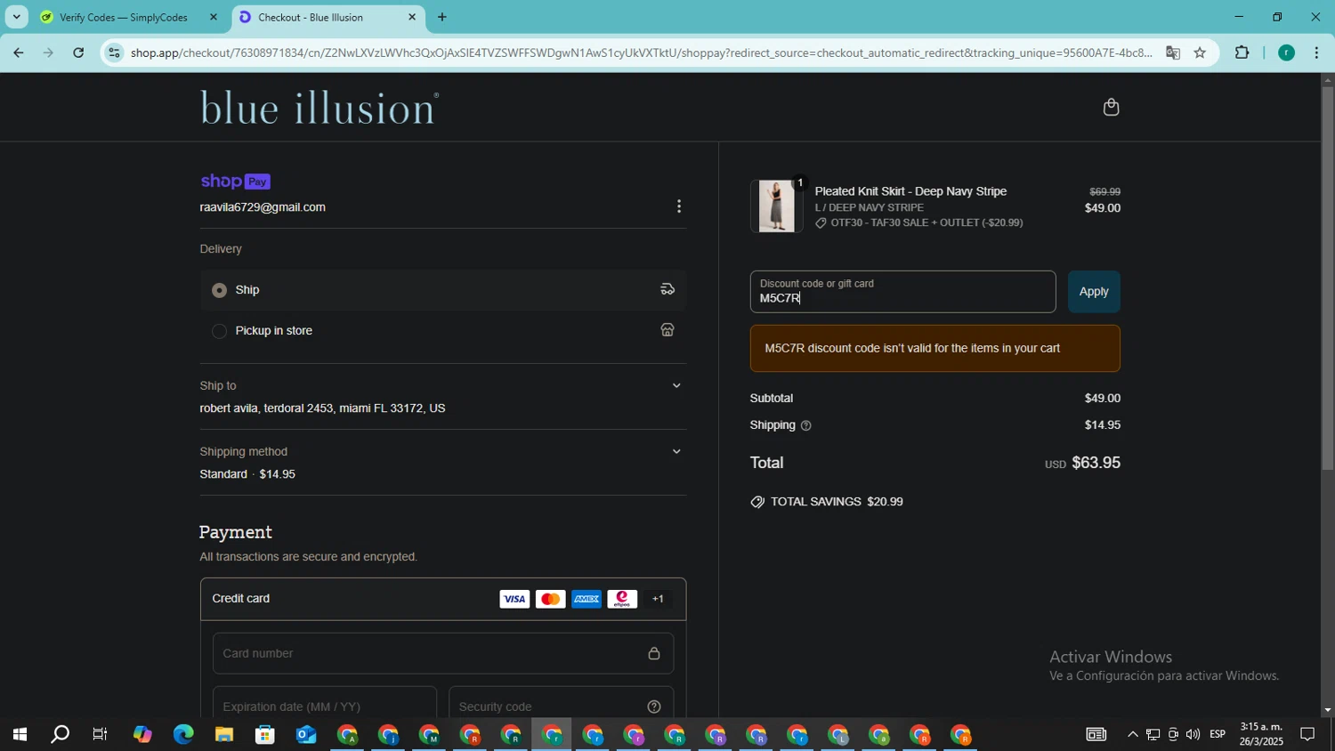 Blue Illusion discount code screenshot showing code M5C7R applied at Blue Illusion checkout page. Uploaded by SimplyCodes community member SavingsRanger5017 on Mar 26, 2025