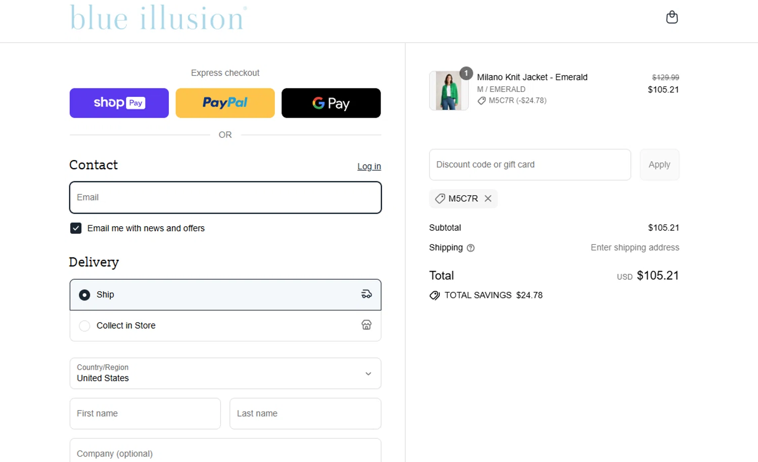 Blue Illusion discount code screenshot showing code M5C7R applied at Blue Illusion checkout page. Uploaded by SimplyCodes community member joandgray9 on Jul 26, 2025