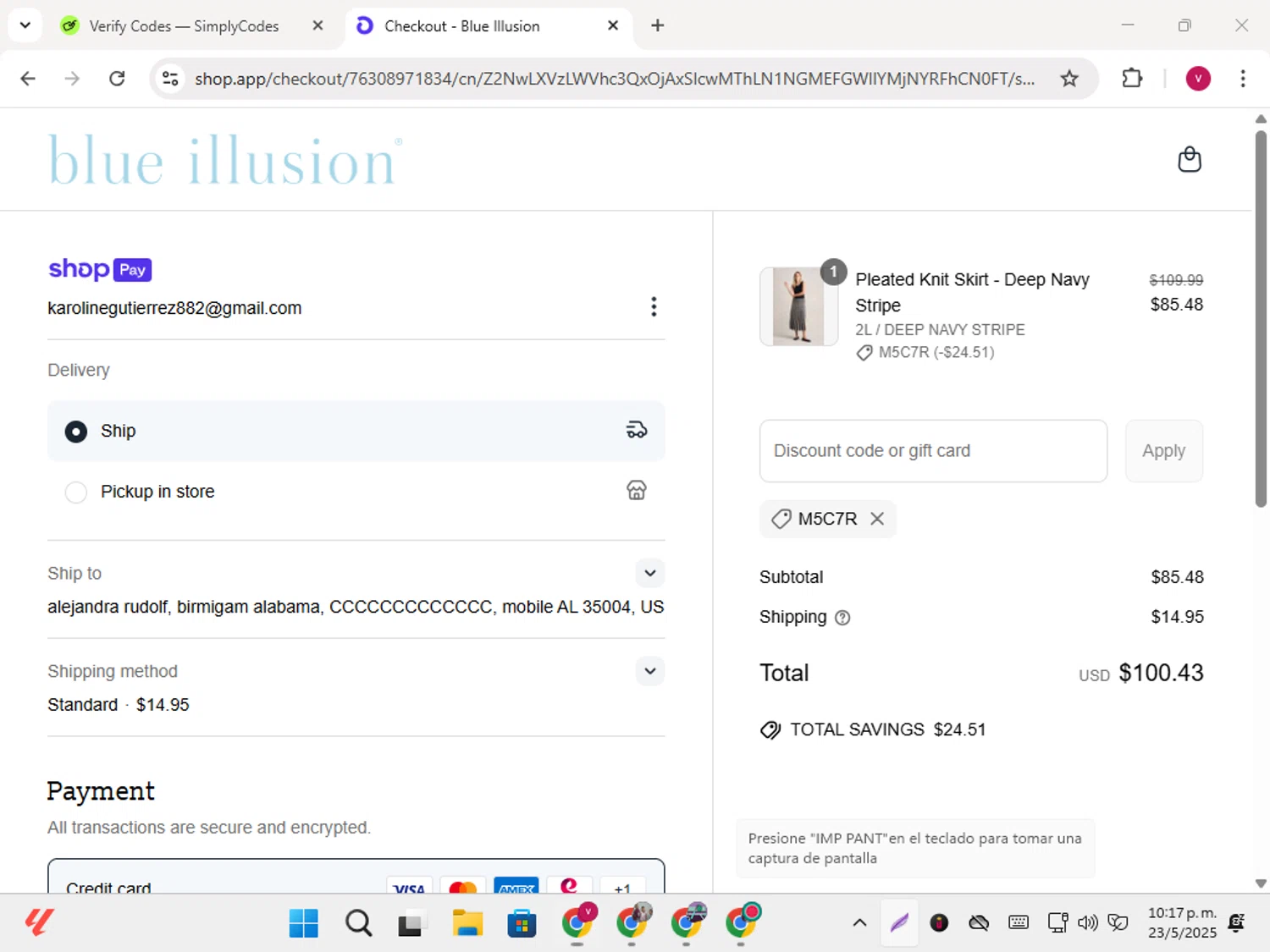 Blue Illusion discount code screenshot showing code M5C7R applied at Blue Illusion checkout page. Uploaded by SimplyCodes community member karoline on May 24, 2025
