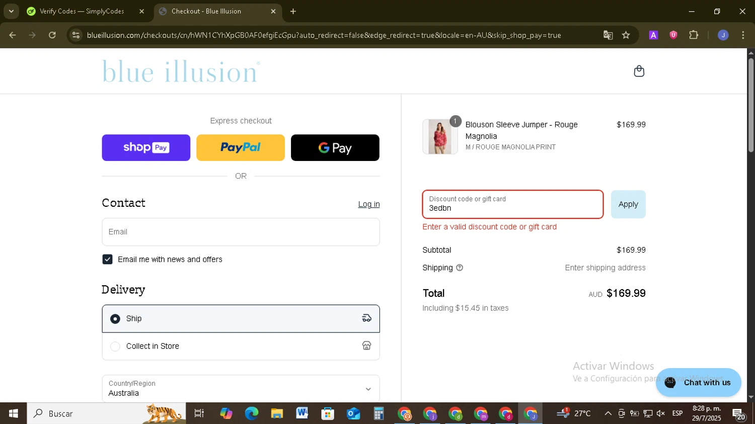 Blue Illusion discount code screenshot showing code 3edbn applied at Blue Illusion checkout page. Uploaded by SimplyCodes community member EpicSage3474 on Jul 30, 2025
