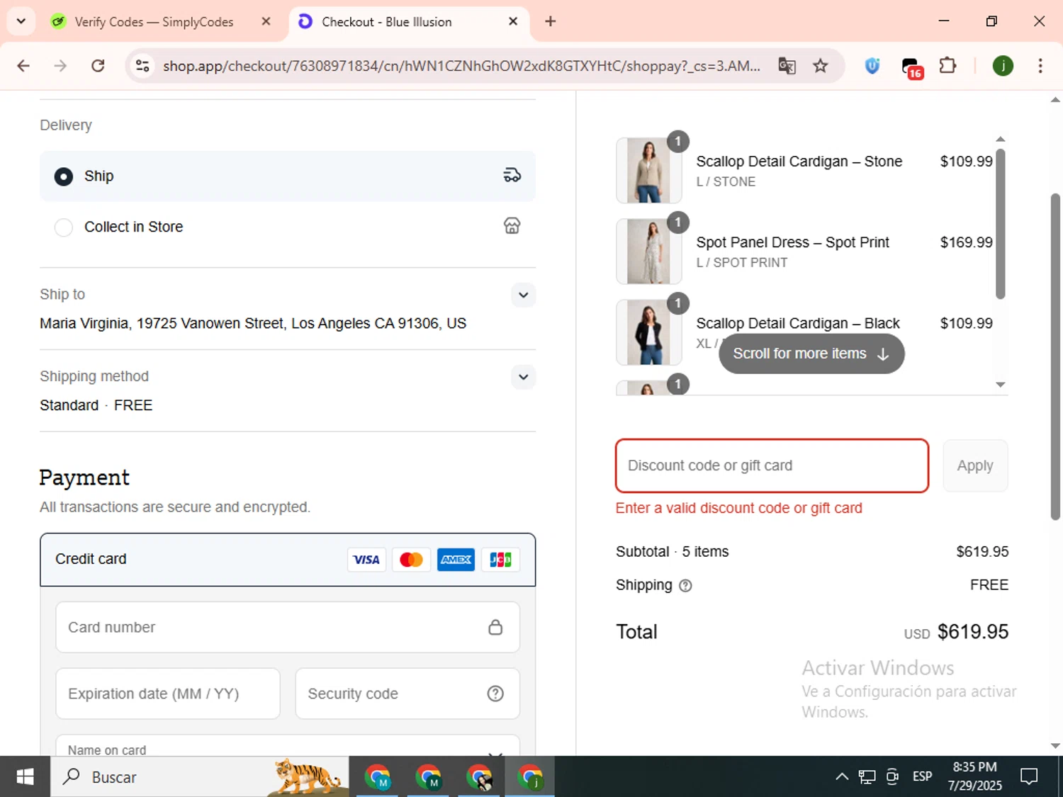 Blue Illusion discount code screenshot showing code 3edbn applied at Blue Illusion checkout page. Uploaded by SimplyCodes community member SavingsCollector2592 on Jul 30, 2025