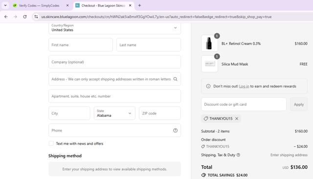 Blue Lagoon Skincare checkout page showing Blue Lagoon Skincare discount code box | Screenshot taken by SimplyCodes community member on Sep 4, 2025