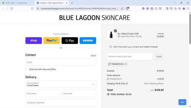 Blue Lagoon Skincare checkout page showing Blue Lagoon Skincare discount code box | Screenshot taken by SimplyCodes community member on Aug 31, 2025