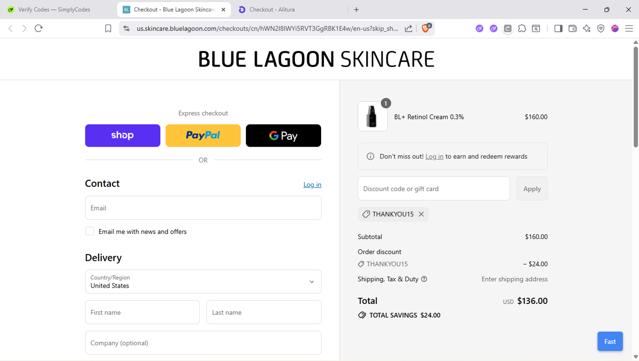 Blue Lagoon Skincare checkout page showing Blue Lagoon Skincare discount code box | Screenshot taken by SimplyCodes community member on Sep 9, 2025