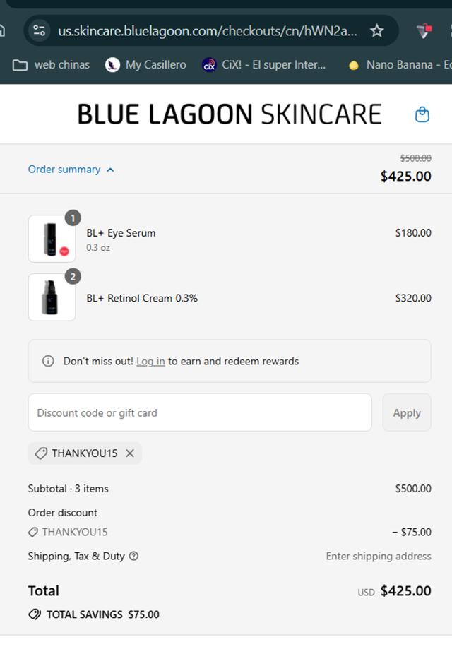 Blue Lagoon Skincare checkout page showing Blue Lagoon Skincare discount code box | Screenshot taken by SimplyCodes community member on Sep 4, 2025