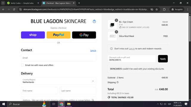 Blue Lagoon Skincare checkout page showing Blue Lagoon Skincare discount code box | Screenshot taken by SimplyCodes community member on Aug 31, 2025