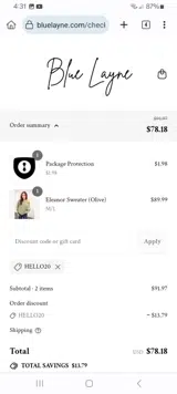 Blue Layne Boutique coupon verification screenshot