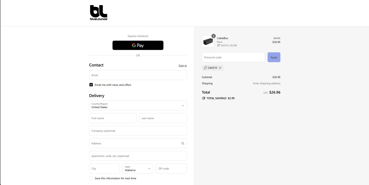 BlueLounge discount code screenshot showing code SAVE10 applied at BlueLounge checkout page. Uploaded by SimplyCodes community member FrugalElite775 on Sep 10, 2025