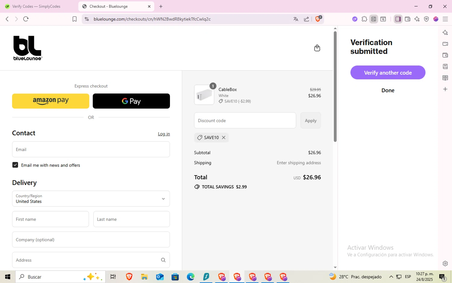 BlueLounge discount code screenshot showing code SAVE10 applied at BlueLounge checkout page. Uploaded by SimplyCodes community member godgod on Aug 25, 2025