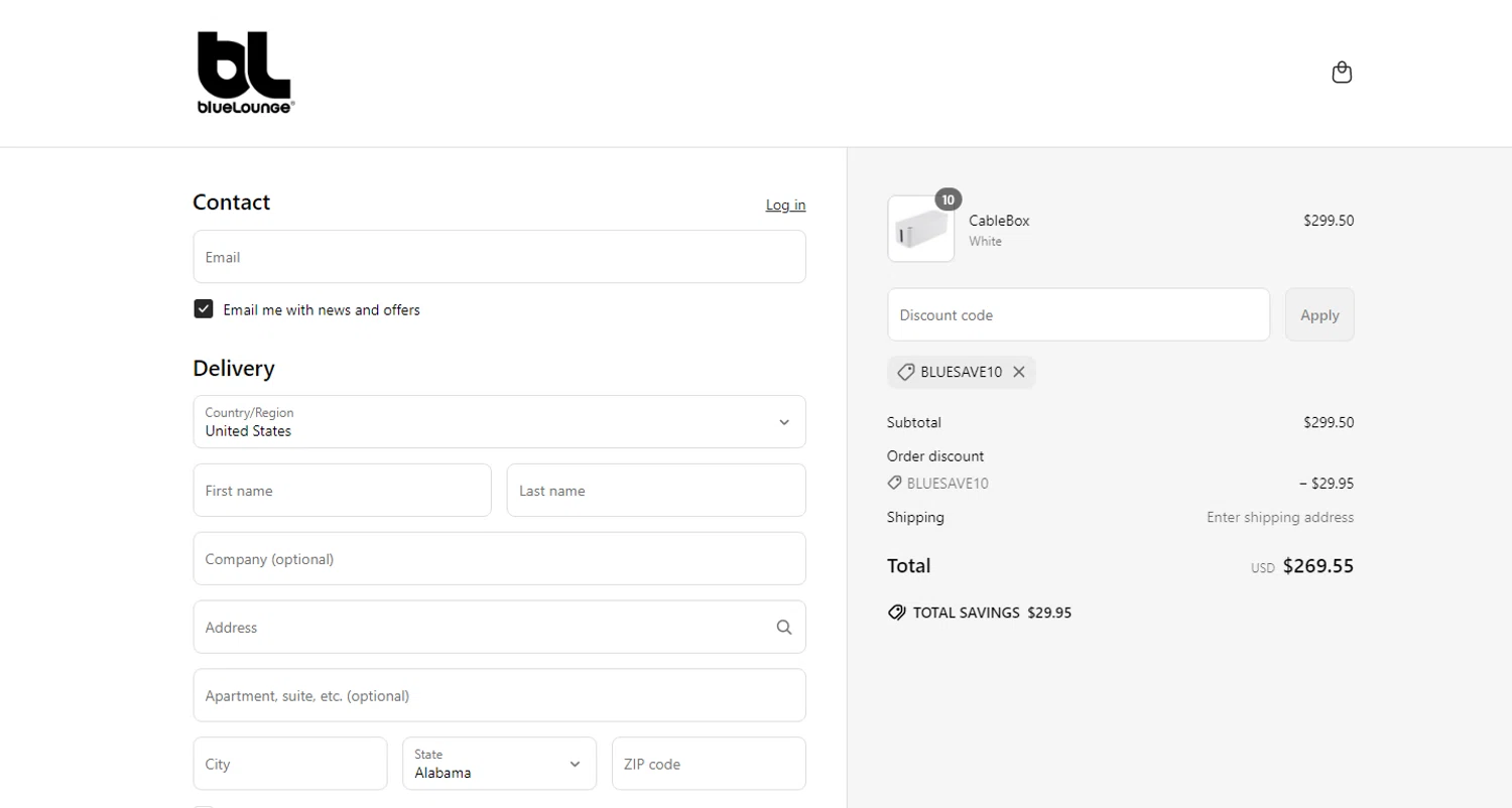 BlueLounge discount code screenshot showing code BlueSave10 applied at BlueLounge checkout page. Uploaded by SimplyCodes community member MarielisPb on Jun 17, 2025