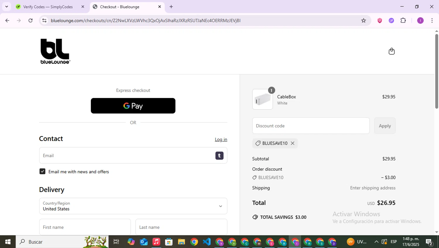 BlueLounge discount code screenshot showing code BlueSave10 applied at BlueLounge checkout page. Uploaded by SimplyCodes community member RebateAce6764 on Jun 17, 2025