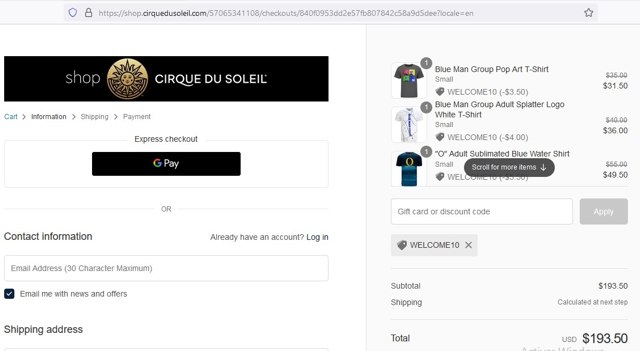 Blue Man Group checkout page showing Blue Man Group promo code box | Screenshot taken by SimplyCodes community member on Oct 11, 2022