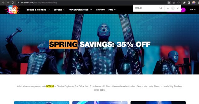 Blue Man Group checkout page showing Blue Man Group promo code box | Screenshot taken by SimplyCodes community member on Feb 26, 2025