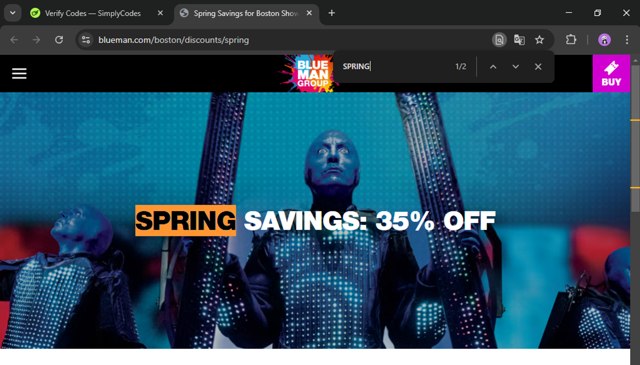 Blue Man Group checkout page showing Blue Man Group promo code box | Screenshot taken by SimplyCodes community member on Mar 3, 2025