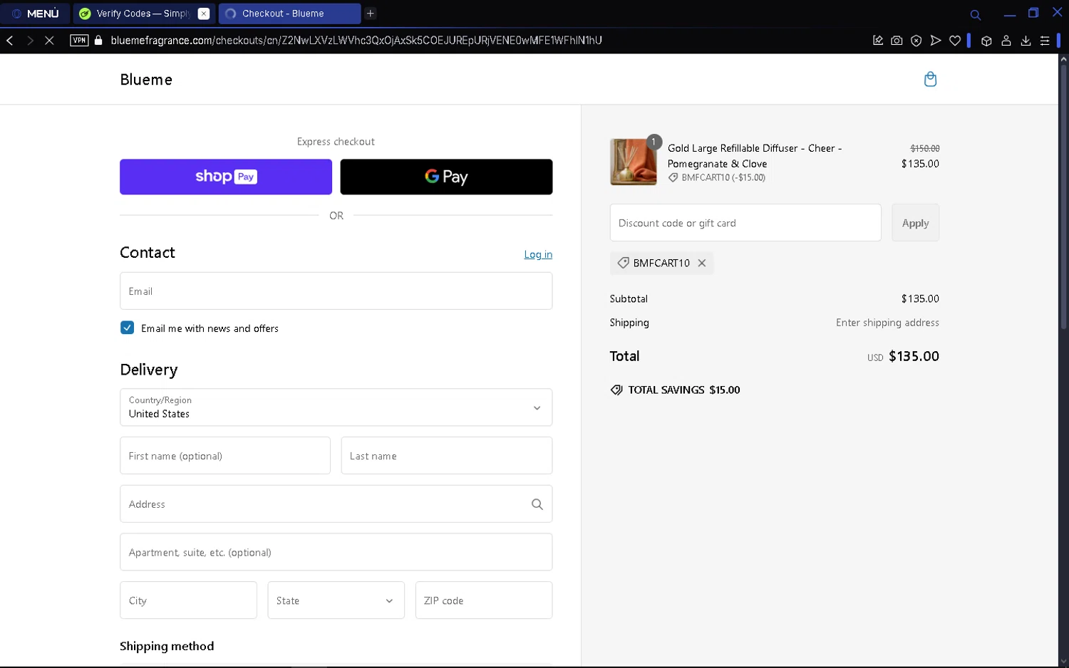 Blueme promo code screenshot showing code BMFCART10 applied at Blueme checkout page. Uploaded by SimplyCodes community member Matrixx on Mar 2, 2025