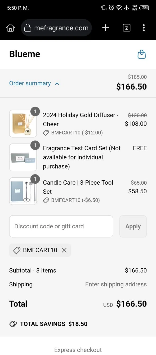 Blueme promo code screenshot showing code BMFCART10 applied at Blueme checkout page. Uploaded by SimplyCodes community member MightyOwl7578 on Jun 26, 2025