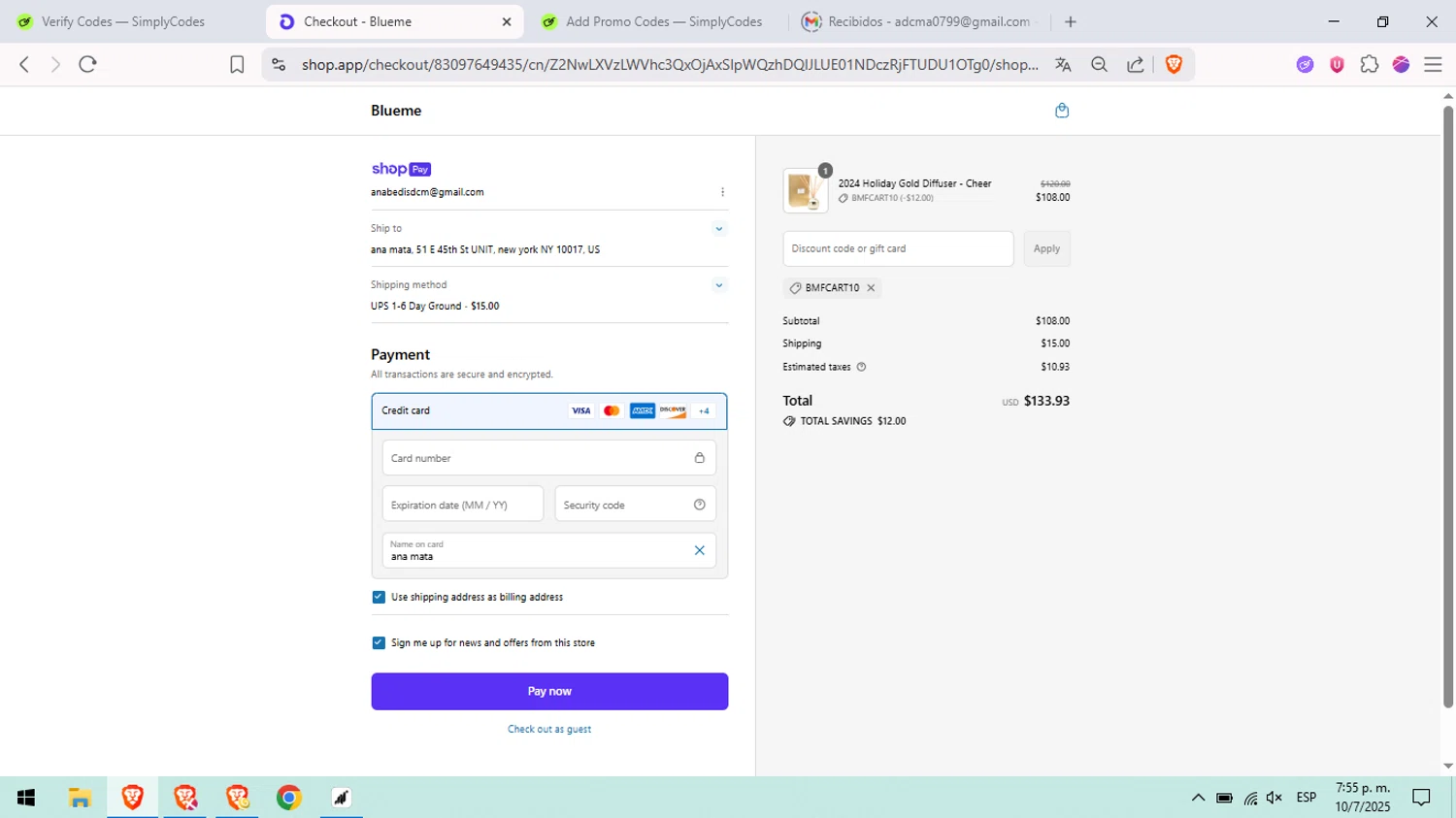 Blueme promo code screenshot showing code BMFCART10 applied at Blueme checkout page. Uploaded by SimplyCodes community member peachee on Jul 10, 2025