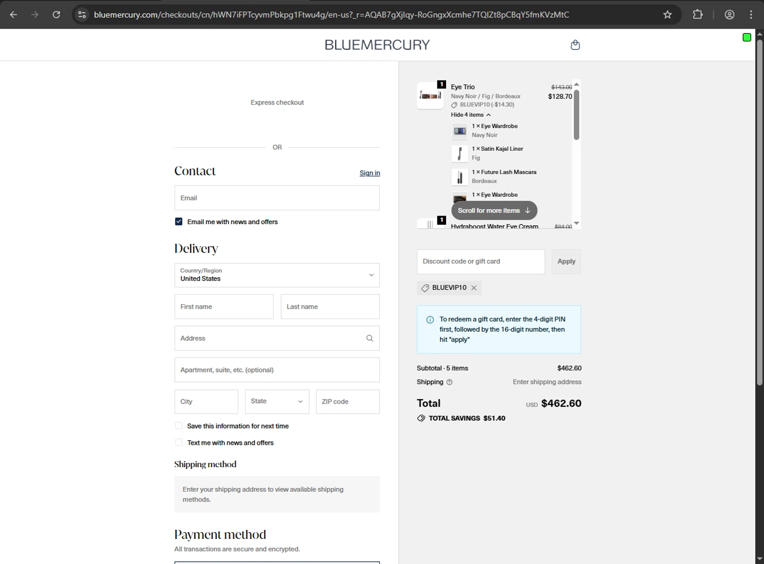 Bluemercury promo code screenshot showing code BLUEVIP10 applied at Bluemercury checkout page. Uploaded by SimplyCodes community member milennyzarraga on Jan 17, 2026