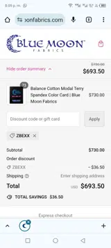 Blue Moon Fabrics coupon verification screenshot