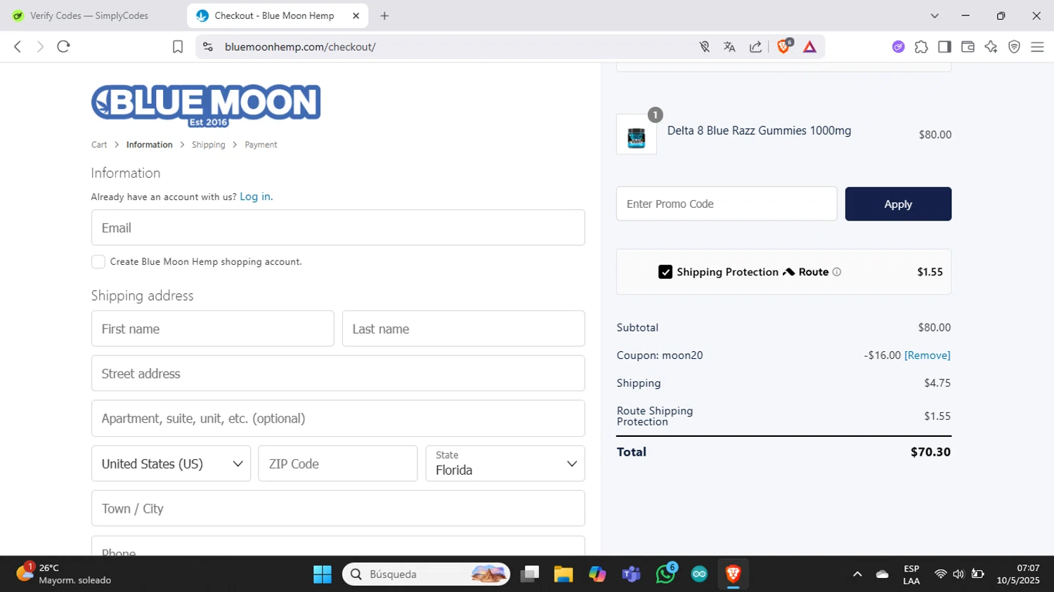Blue Moon Hemp coupon code screenshot showing code moon20 applied at Blue Moon Hemp checkout page. Uploaded by SimplyCodes community member Juanchoo on May 10, 2025