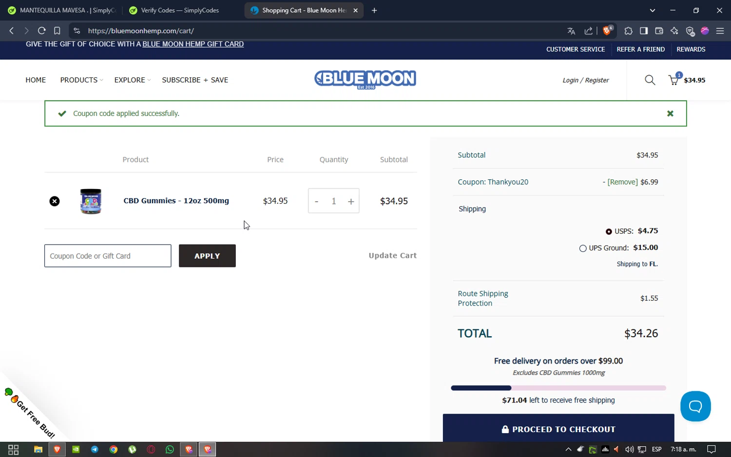 Blue Moon Hemp coupon code screenshot showing code THANKYOU20 applied at Blue Moon Hemp checkout page. Uploaded by SimplyCodes community member Jsjsjsjsjsjsjs on Mar 12, 2025