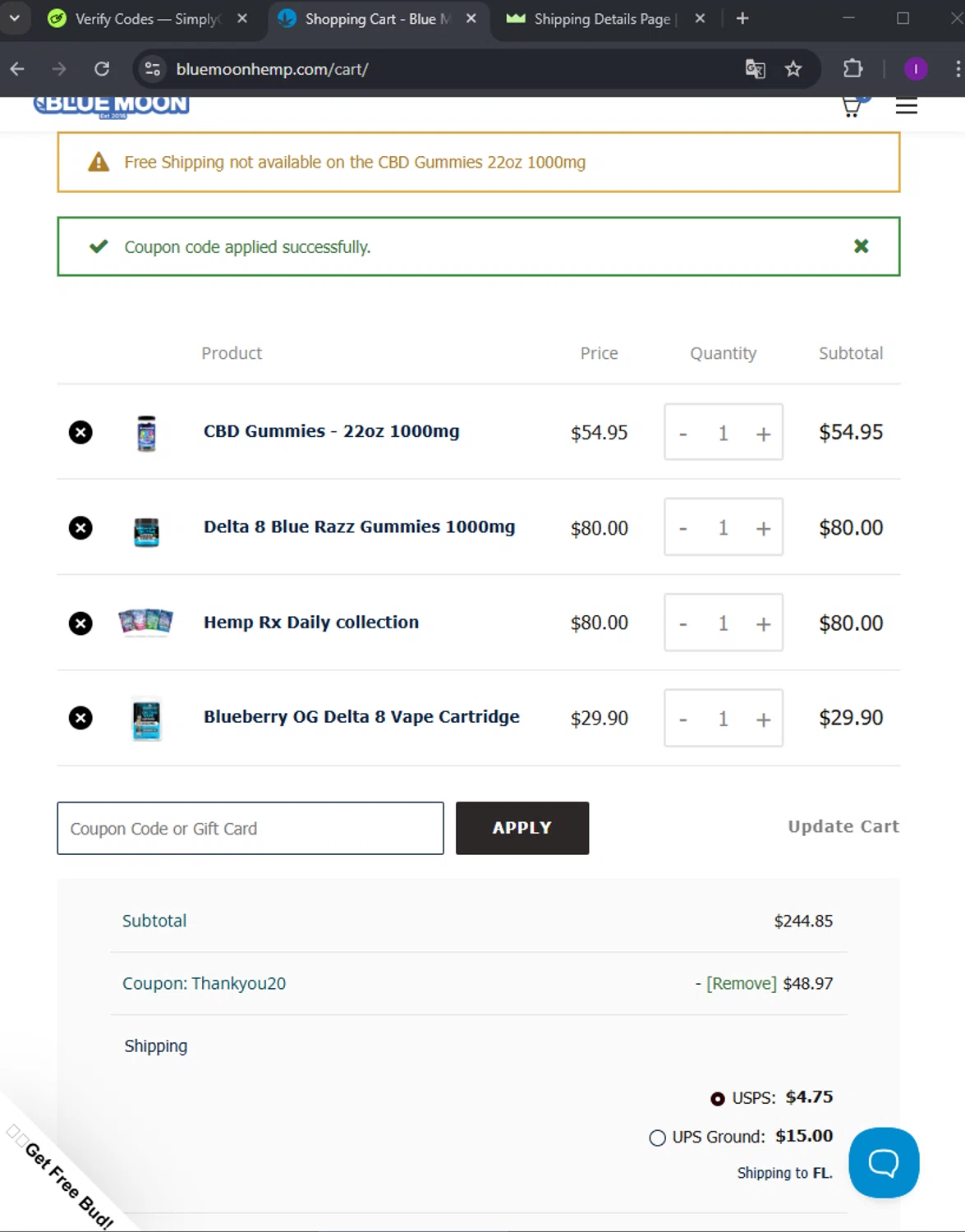 Blue Moon Hemp coupon code screenshot showing code THANKYOU20 applied at Blue Moon Hemp checkout page. Uploaded by SimplyCodes community member arimakouse on Mar 12, 2025