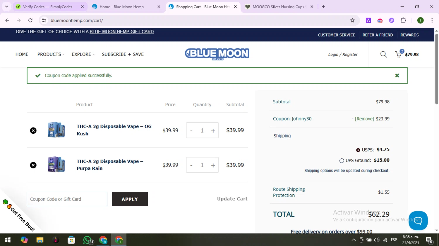 Blue Moon Hemp coupon code screenshot showing code JOHNNY30 applied at Blue Moon Hemp checkout page. Uploaded by SimplyCodes community member LuckyNavigator1490 on Apr 25, 2025