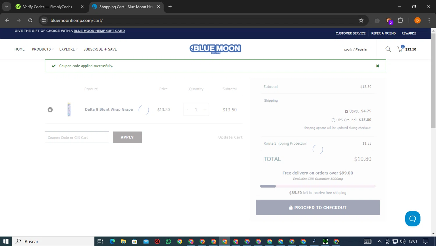 Blue Moon Hemp coupon code screenshot showing code JOHNNY30 applied at Blue Moon Hemp checkout page. Uploaded by SimplyCodes community member ShieldMaestro9172 on Dec 28, 2024
