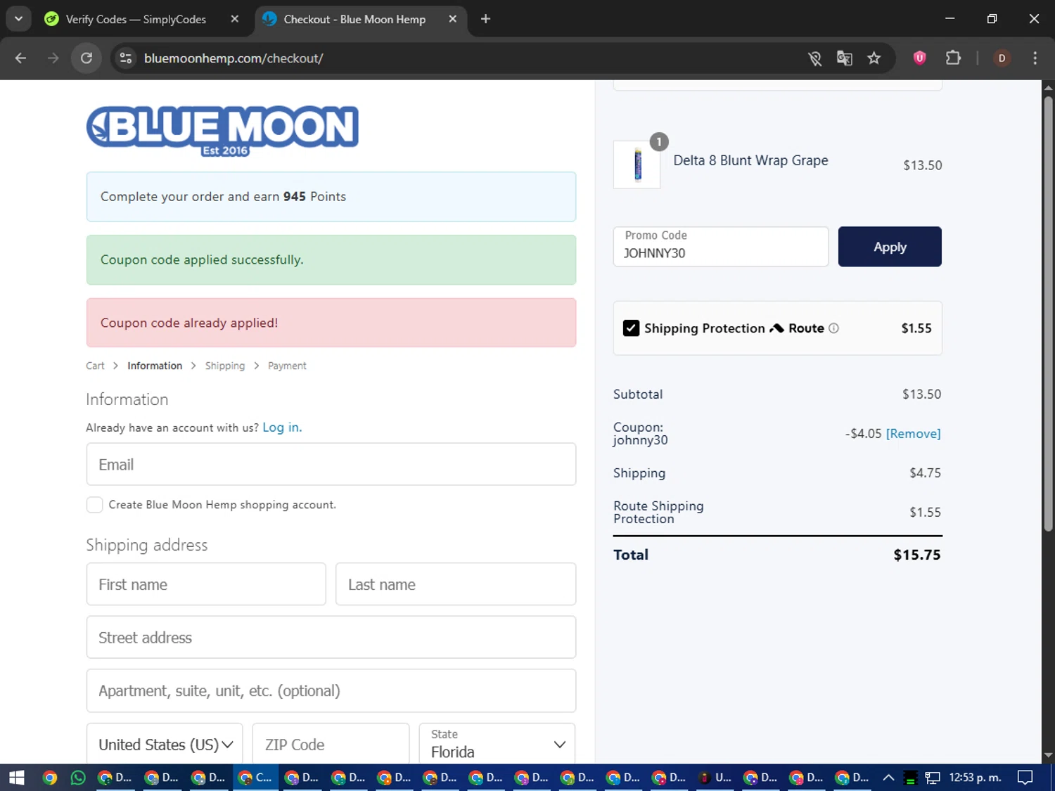 Blue Moon Hemp coupon code screenshot showing code JOHNNY30 applied at Blue Moon Hemp checkout page. Uploaded by SimplyCodes community member liltecca on Oct 2, 2025