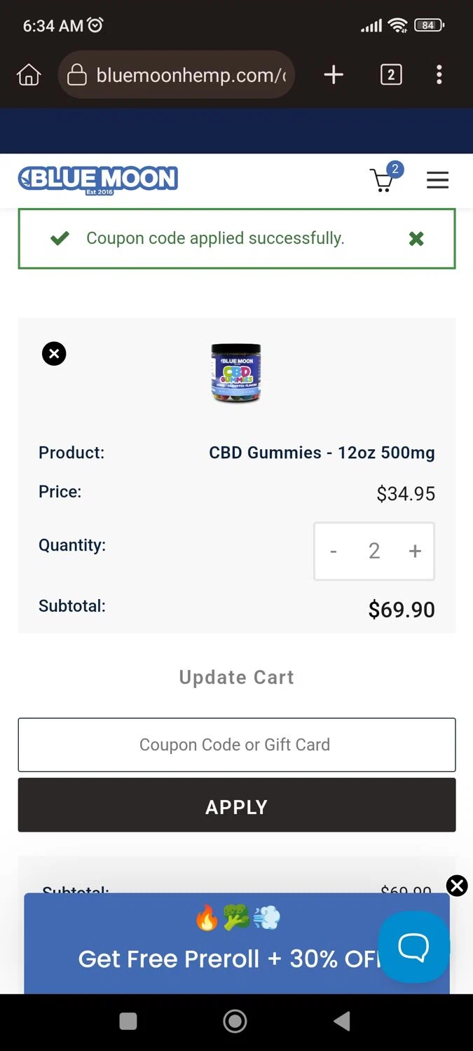 Blue Moon Hemp coupon code screenshot showing code FIRELAKE applied at Blue Moon Hemp checkout page. Uploaded by SimplyCodes community member CrownLion2750 on Oct 16, 2025