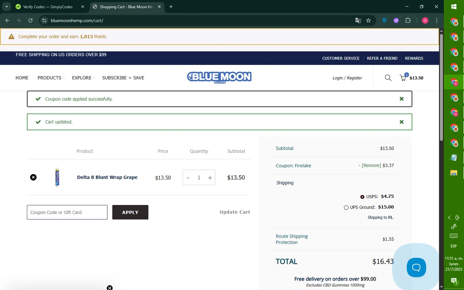 Blue Moon Hemp coupon code screenshot showing code FIRELAKE applied at Blue Moon Hemp checkout page. Uploaded by SimplyCodes community member RebateNavigator926 on Jul 21, 2025