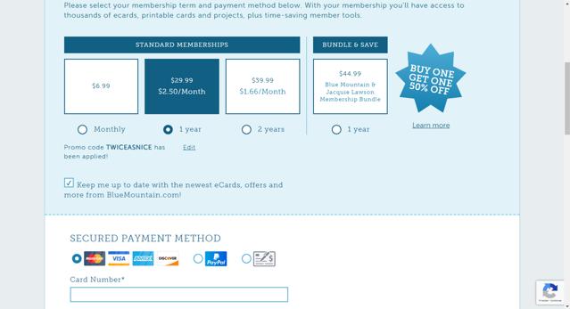 Blue Mountain checkout page showing Blue Mountain discount code box | Screenshot taken by SimplyCodes community member on Jan 20, 2025