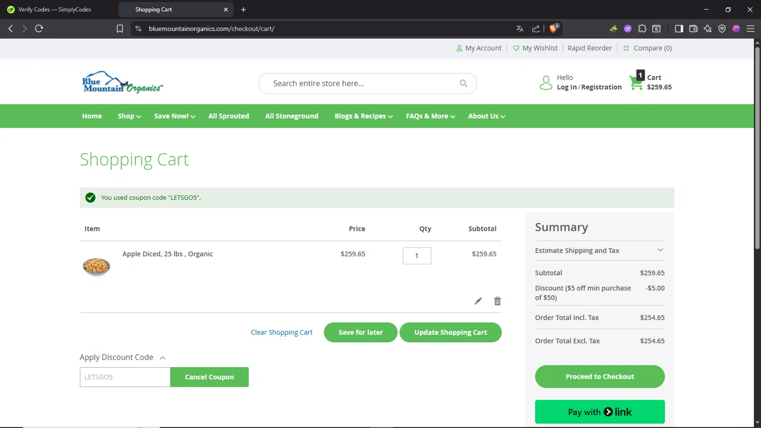 Blue Mountain Organics discount code screenshot showing code LETSGO5 applied at Blue Mountain Organics checkout page. Uploaded by SimplyCodes community member Morrachida04 on Jul 20, 2025