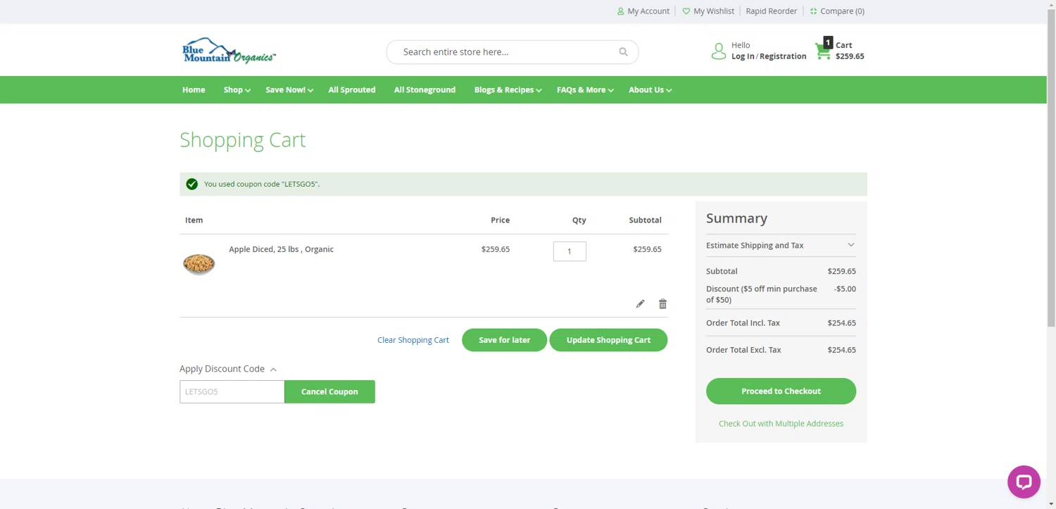 Blue Mountain Organics discount code screenshot showing code LETSGO5 applied at Blue Mountain Organics checkout page. Uploaded by SimplyCodes community member SilverPioneer1110 on Sep 16, 2025