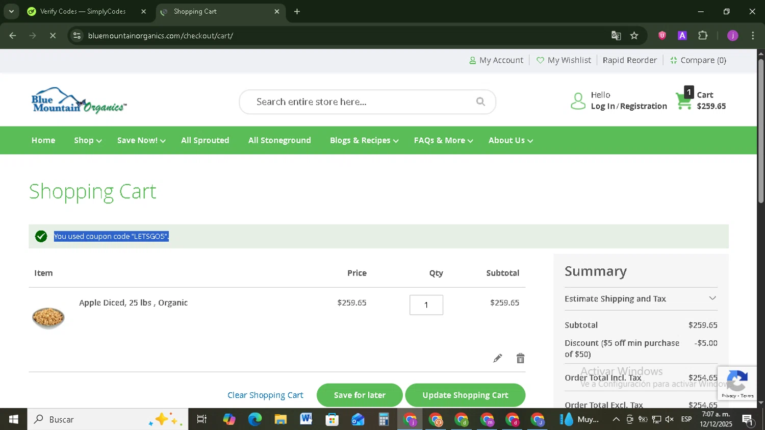 Blue Mountain Organics discount code screenshot showing code LETSGO5 applied at Blue Mountain Organics checkout page. Uploaded by SimplyCodes community member Tazbravo on Dec 12, 2025