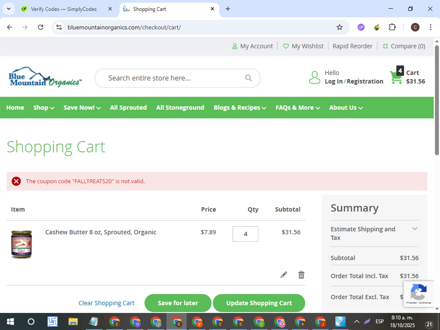 Blue Mountain Organics discount code screenshot showing code FALLTREATS20 applied at Blue Mountain Organics checkout page. Uploaded by SimplyCodes community member VictorL on Oct 18, 2025