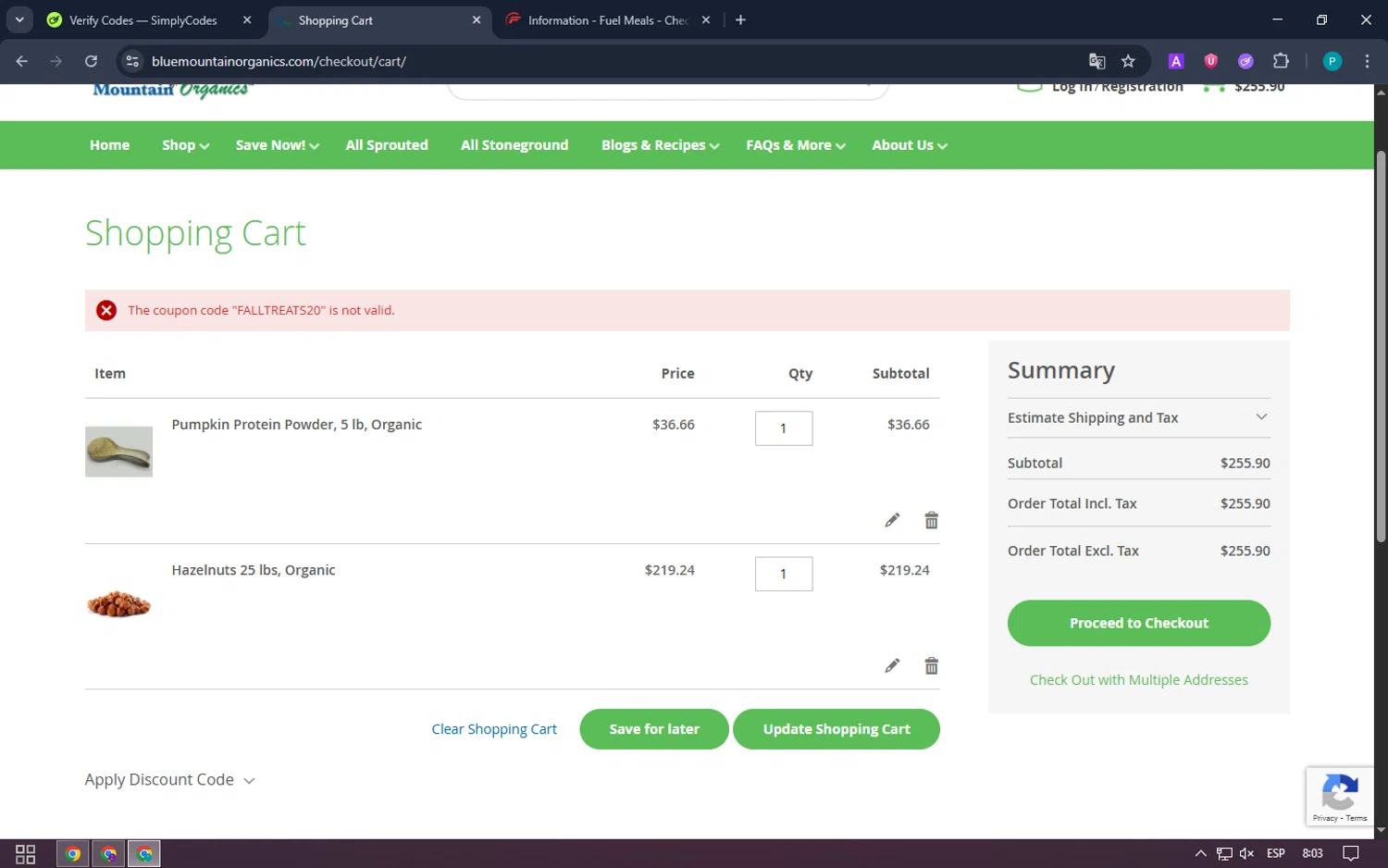 Blue Mountain Organics discount code screenshot showing code FALLTREATS20 applied at Blue Mountain Organics checkout page. Uploaded by SimplyCodes community member WonderExpert4236 on Oct 18, 2025