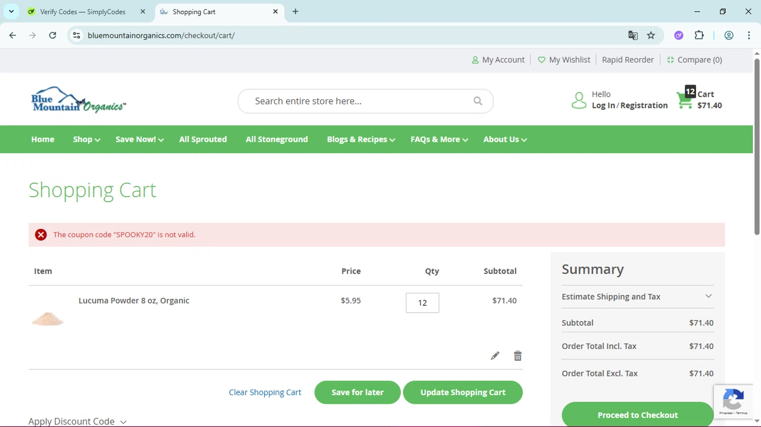 Blue Mountain Organics discount code screenshot showing code SPOOKY20 applied at Blue Mountain Organics checkout page. Uploaded by SimplyCodes community member Simpsince95 on Nov 4, 2025