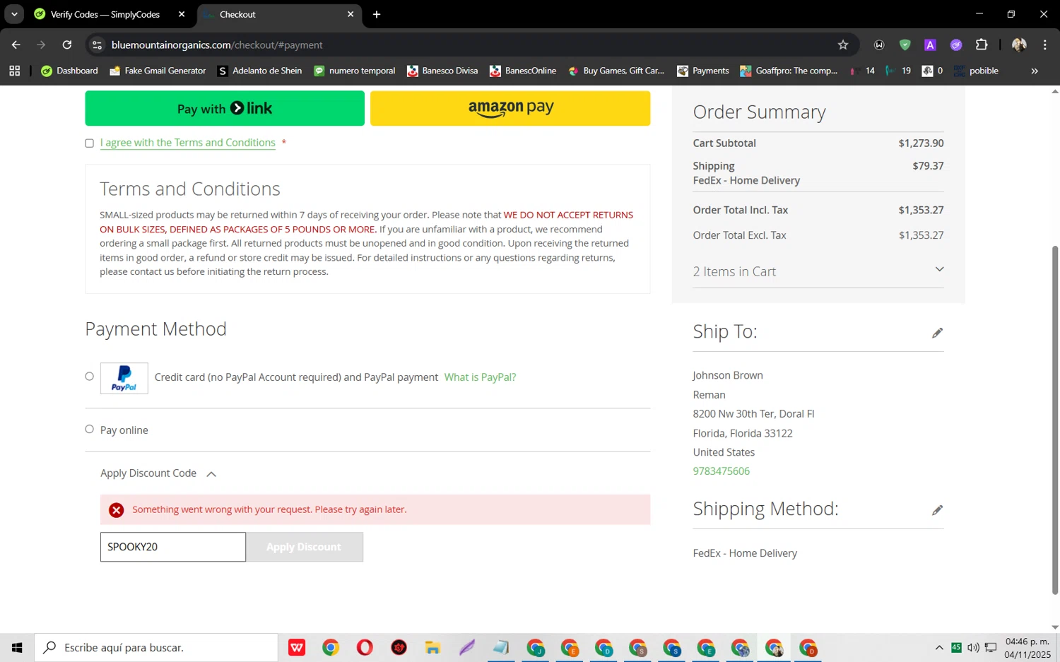 Blue Mountain Organics discount code screenshot showing code SPOOKY20 applied at Blue Mountain Organics checkout page. Uploaded by SimplyCodes community member jeysosmoore on Nov 4, 2025