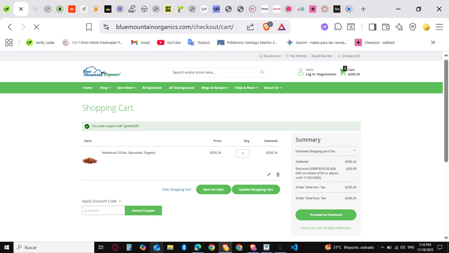Blue Mountain Organics checkout page showing Blue Mountain Organics discount code box | Screenshot taken by SimplyCodes community member on Nov 18, 2025